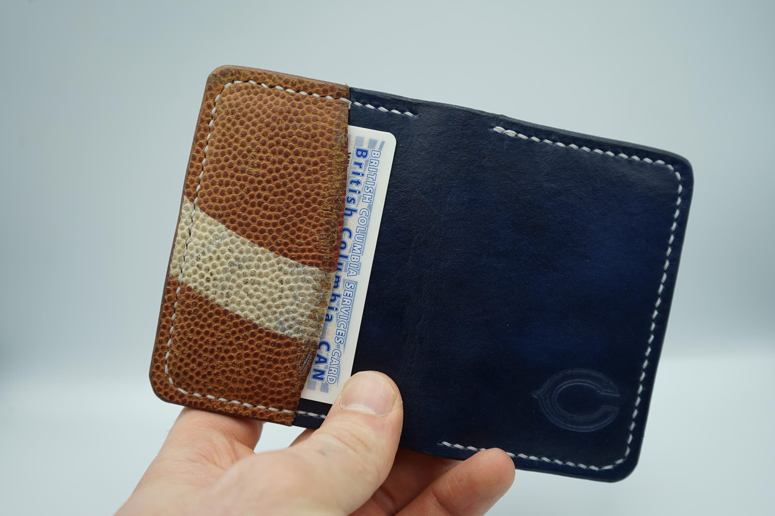 Chicago Bears | Football and Premium Vegtan Bifold Leather Wallet | Minimalist | Blue and Orange | Upcycled | Football Gift