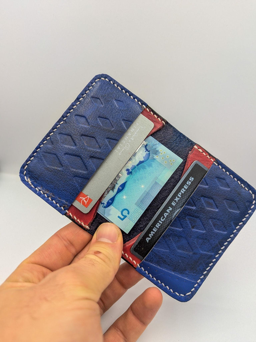 Goalie Pad and Premium Vegtan Bifold Leather Wallet | Minimalist | Blue and Red | Upcycled | Hockey Gift