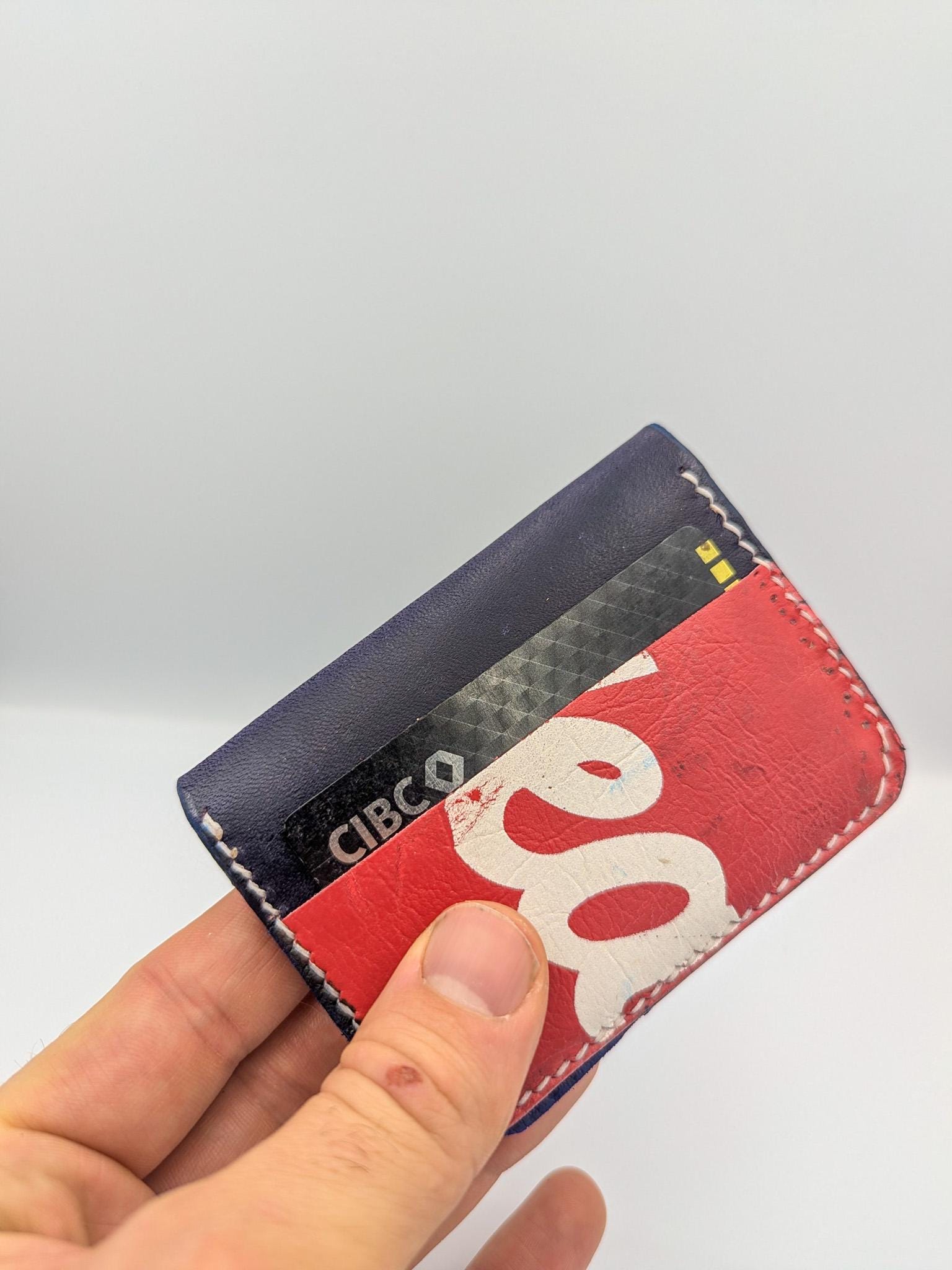 Goalie Pad and Premium Vegtan Bifold Leather Wallet | Minimalist | Blue and Red | Upcycled | Hockey Gift